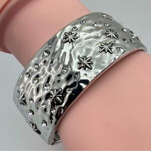 Silver Tone Starburst Crystal Wide Hinged Cuff Bracelet Statement